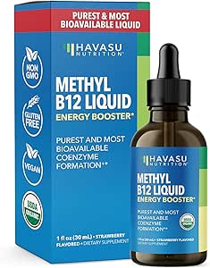 USDA Organic Vitamin B12 Liquid Drops - Methylcobalamin for Enhanced Energy and Nervous System Support - 30 Servings - Highly Bioavailable for Absorption - Non-GMO, Vegan, Strawberry Flavor, 1 Fl Oz