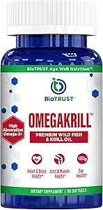 BioTrust OmegaKrill EPA & DHA Omega 3 συμπλήρωμα, ψάρια και λάδι κριλ για την παροχή υποστήριξης για την κοινή, καρδιά, εγκέφαλο, μάτι και δέρμα (30 υπηρεσίες)