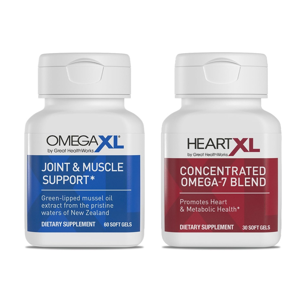 OmegaXL Joint Support Supplement - Natural Muscle Support, Green Lipped Mussel Oil, Soft Gel Pills, Drug-Free, 60 Count + HeartXL 30 Count, High Potency Omega-7 Blend | Natural Joint Support Supplement, Non-GMO, Drug Free, 60 Soft Gels & HeartXL, Concentrated Blend 30 Soft Gels