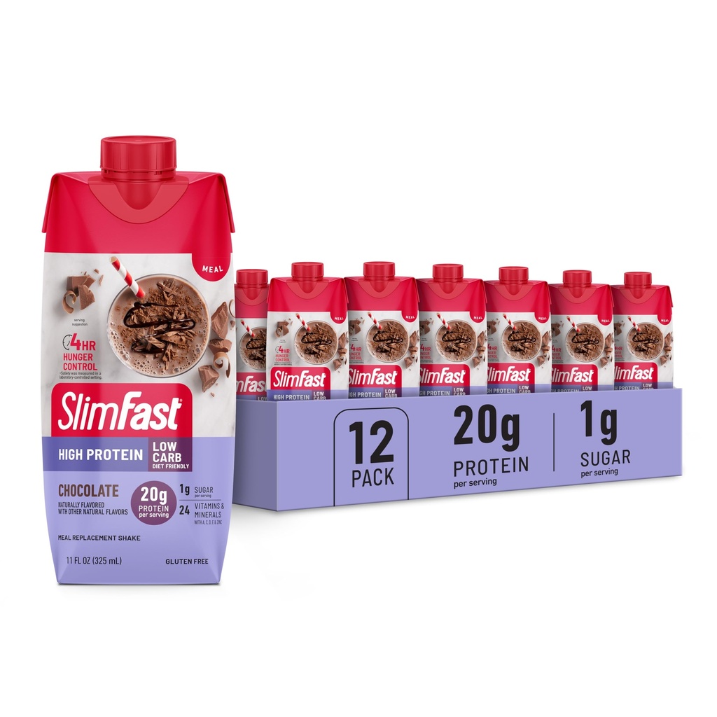 SlimFast Protein Shake, Chocolate- 20g Protein, Meal Replacement Shake Ready to Drink, High Protein with low Carb and low Sugar, 24 Βιταμίνες and Minerals, 12 Count (Pack of 1) (Packing May Vary)