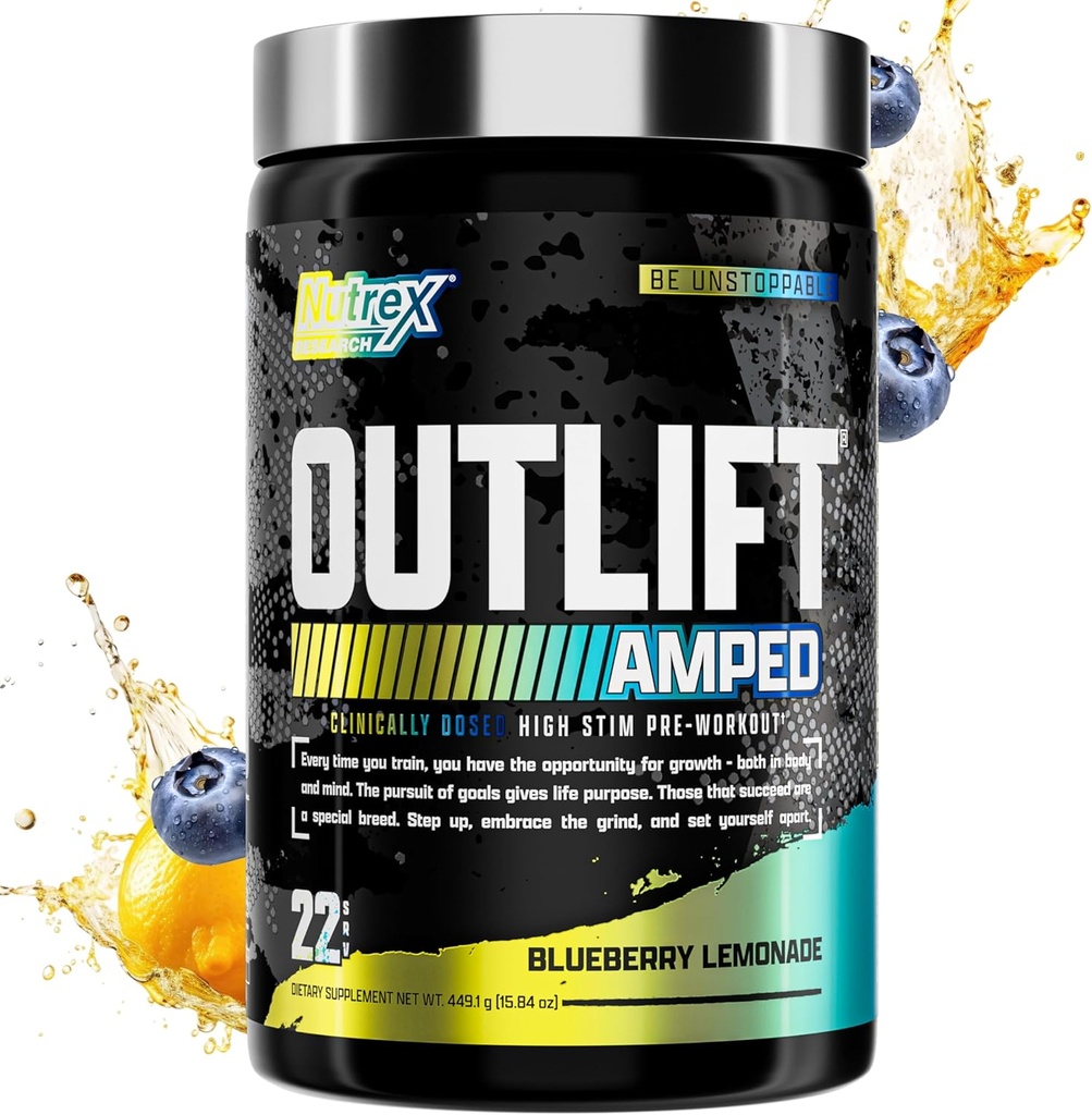OUTLIFT Amped Max Dosed HIGH STIM Pre Workout Powder, 6G Citrulline, 3.2G Beta Alanine, Alpha GPC, CognatiQ, Extreme Energy, Μαζικές Αντλίες, Ηλεκτρολύτες, Nootropics Λεμονάδα Blueberry - 22 Serv