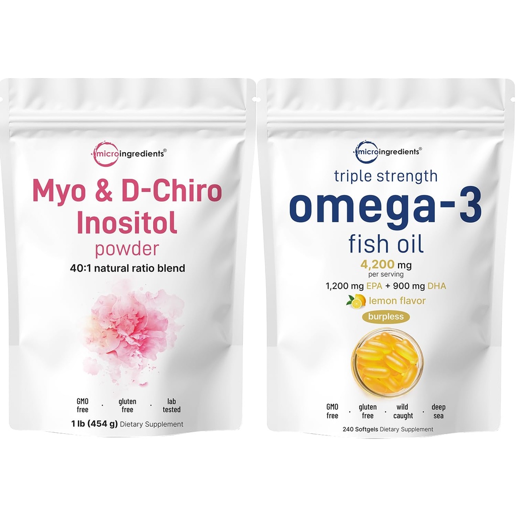 Micro Ingredients Omega-3 Fish Oil 4,200 mg Softgels & Myo & D-Chiro Inositol Powder Bundle 2 Pack 