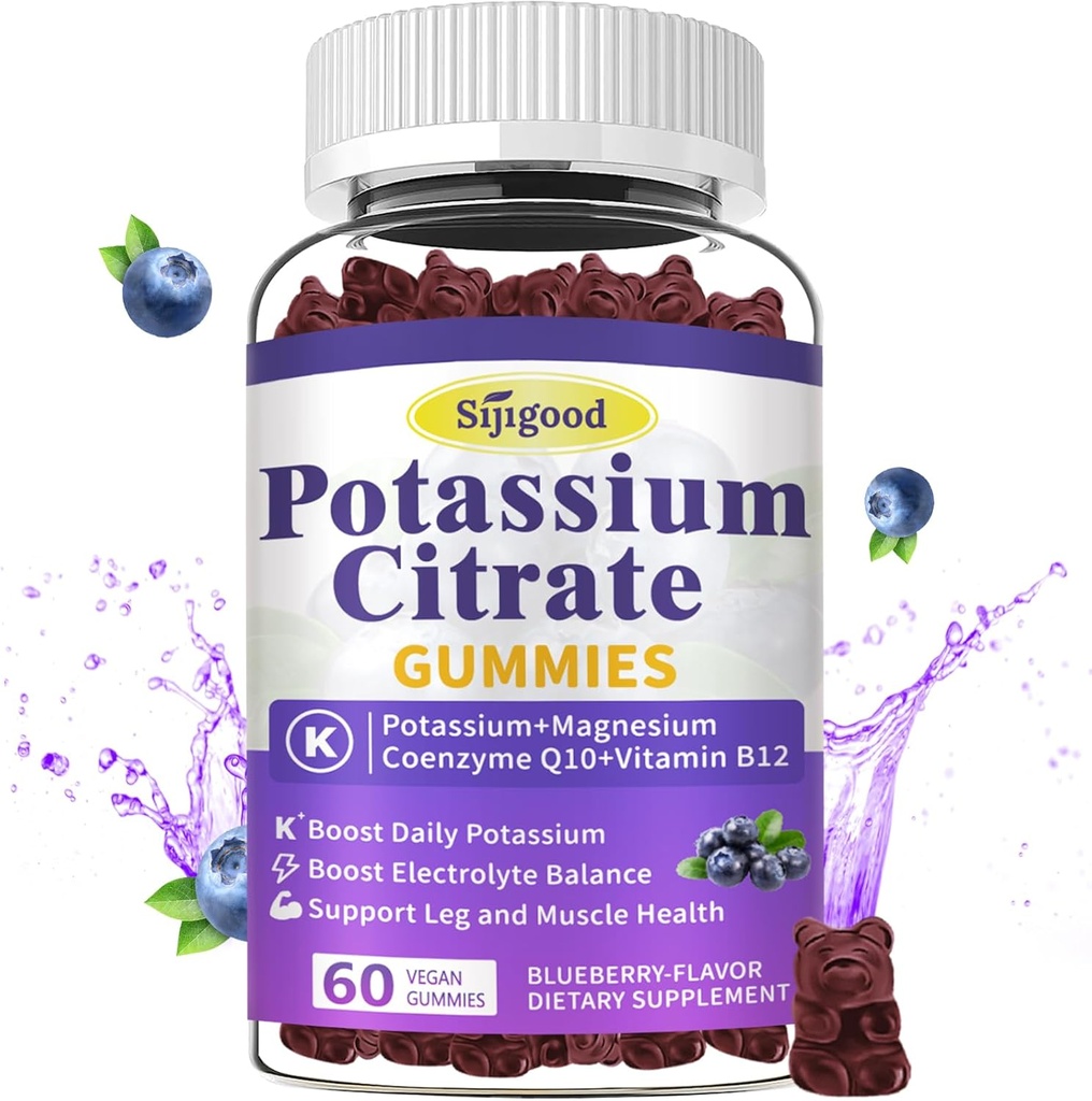 Citrate Gummies Potassium Συμπλήρωμα καλίου για την υγεία των μυών, ανάγλυφο ποδιού & ηλεκτρολυτικό ισοζύγιο, Vegan, μη-GMO, χωρίς γλουτένη, άρωμα βατόμουρο, 60 μέτρα
