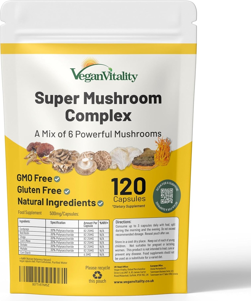 Vegan Vitality Multi Mushroom Supplement Complex - 120 κάψουλες με Reishi, Chaga, Shitake, Maitake, Mane και Cordyceps για τον εγκέφαλο, την ενέργεια, την εστίαση και την υποστήριξη μνήμης