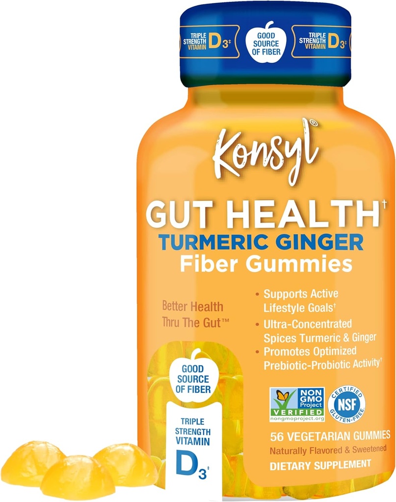Konsyl Gut Health Turmeric Ginger Fiber Gummies - Βοηθά στην υποστήριξη Digestive Health+ - Χορτοφαγική Fiber συμπλήρωμα Gummies για ενήλικες- 56 κόμης