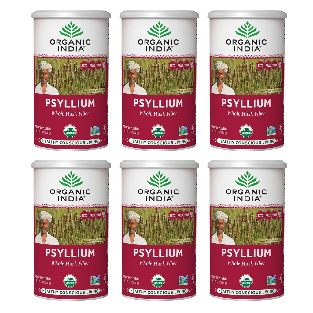 ΟΡΓΑΝΙΚΗ INDIA Ολόκληρη σκόνη Psyllium Husk Organic - Psyllium συμπλήρωμα ινών Husk, υποστήριξη πέψης, Vegan, χωρίς γλουτένη, μη GMO, διαλυτή και αδιάλυτη πηγή ινών - 12 oz Canister, 6 Pack