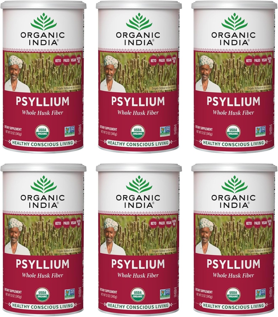 ORGANIC INDIA Whole Psyllium Husk Powder Organic - Psyllium Husk Fiber Supplement, Digestion Support, Vegan, Gluten-Free, Non-GMO, Soluble & Insoluble Fiber Source - 12 oz Canister, 6 Pack