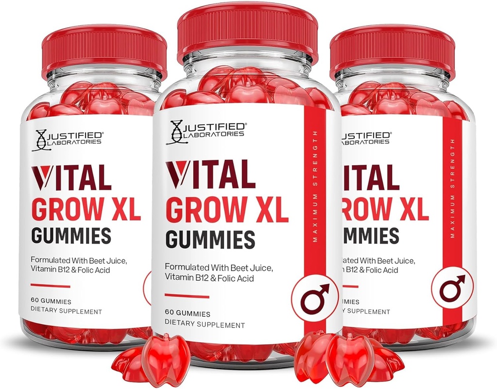 Justified Laboratories (3 Pack Vital Grow XL Performance Gummies 1000MG Advanced Formula Formula Formuled with ACV Pomegranate Beet Juice Powder B12 Vegan Non GMO 180 Gummys