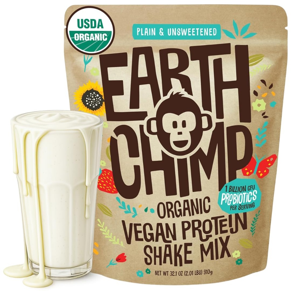 EarthChimp Organic Vegan Protein Powder - Προβιοτικά - Μη ΓΤΟ, Γαλακτοκομικά, Μη Ορός γάλακτος, Πρωτεΐνες με βάση το φυτό Σκόνη για γυναίκες και άνδρες, Χωρίς γλουτένη - 26 Μερίδες 32 Oz (Πλέον & Μη Γλυκασμένα)