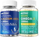 Liposomal Calcium AKG Supplement 1500mg + Vegan Omega 3 Supplement 1000mg