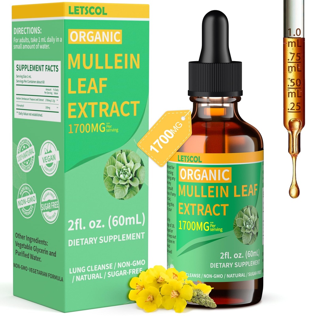 Organic Mullein Drops for Lung Cleanse, Ισχυρό 1700mg Mullein Leaf Extract για Ανοσοποιητική & Αναπνευστική Υποστήριξη, Φυσικό συμπλήρωμα Mullein Βαφής Drops Non-GMO & Vegan, 2 Fl Oz