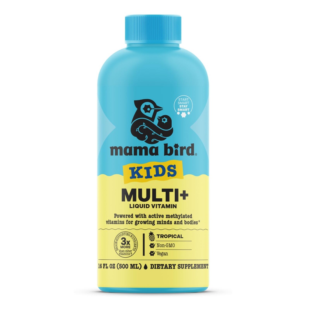 Mama Bird - Kids Multi+ Liquid Vitamins (31 Servings) Tropical Flavor - Active Methylated Vitamins, Kids Multivitamin - Organic Superfoods, Enzymes - Vegan, Gluten Free, Non GMO - 16 fl oz (473 mL)