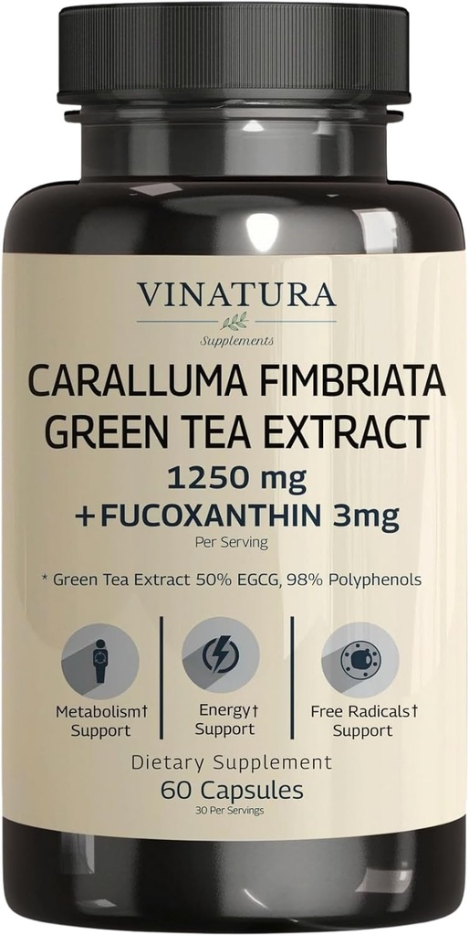 VINATURA Caralluma Fimbriata, EGCG 45% Extract 1250mg + Fucoxanthin 3mg per Serving *USA Made & Tested* for Immune Support, Energy and Mental Focus - 60 Capsules 30 Servings