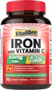 Iron Supplement 65mg with Vitamin C, Stomach Friendly Carbonyl Iron, High Absorption, Once Daily, Supports Red Blood Cell Production, Gluten Free, Non-GMO, 90 Tablets