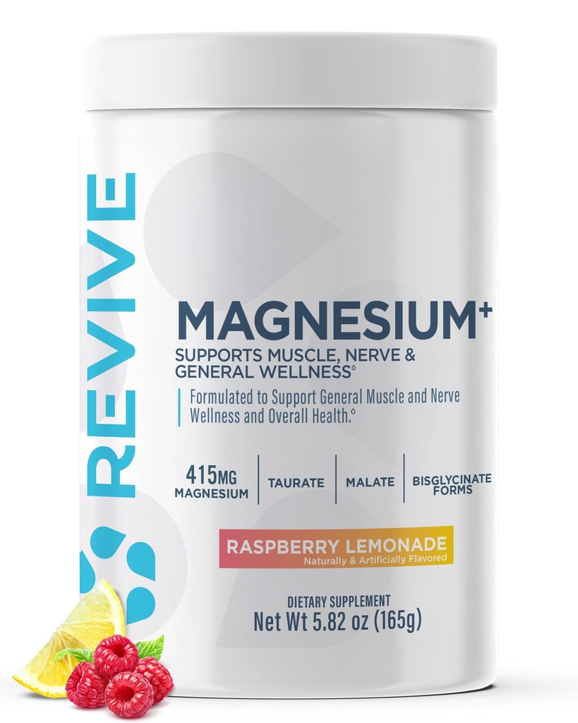 Revive MD Magnesium Powder Supplement - Μαγνήσιο Carbonate & Taurate Powder Drink Υποστηρίζει υγιή οστά, μύες, & νεύρα - Vegan-Friendly, Gluten-free & Soy-Free (Λεμονάδα Raspberry, 30 σέρβις)