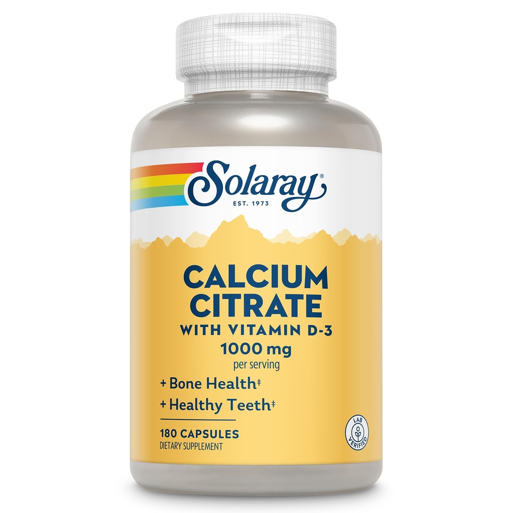 Solaray Calcium Citrate with Vitamin D3 1000mg - Δύναμη των οστών και Υγιεινή Υποστήριξη Δόντια - Gentle Digestion Formula - Lab Επαληθευμένο, 60-Day Εγγύηση - 30 Μερίδες, 180 κάψουλες