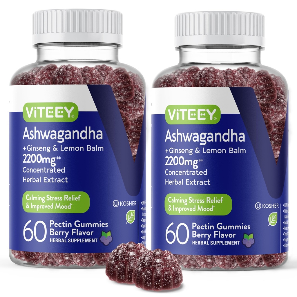 Viteey Ashwagandha Gummies με Ginseng & Lemon Balm - Mood, Calm & Stress Υποστήριξη Ashwagandha Συμπληρώματα - Vegan, Gluten-Free - 120 Count