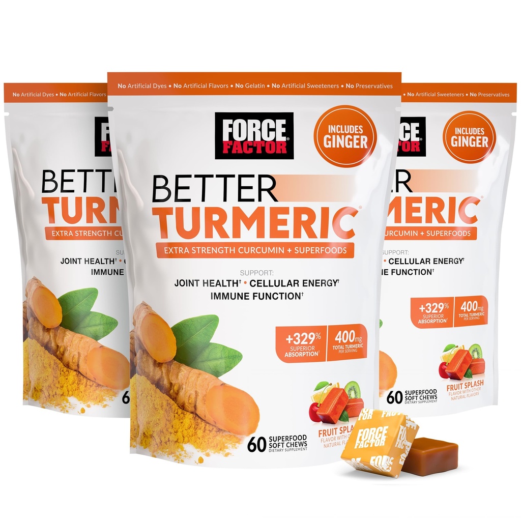 Force Factor Better Turmeric Joint Supplement Υποστήριξης για την επιπλέον κοινή υγεία δύναμης, με HydroCurc Turmeric Curcumin με Μαύρο Πιπέρι για την ανώτερη απορρόφηση, Φρούτα Splash, 180 μαλακά μάσα