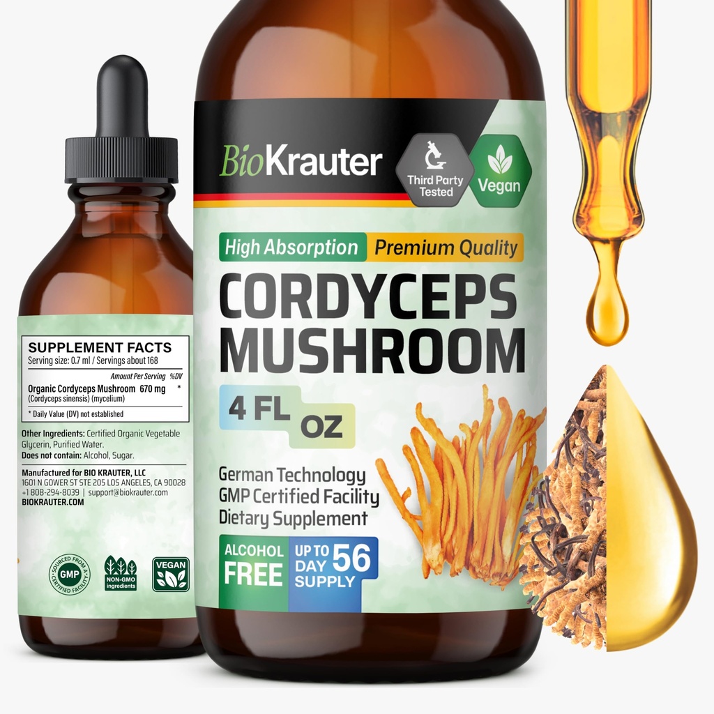 BIO KRAUTER Cordyceps Mushroom Extract - Cordyceps Sinensis Liquid Mushroom Extract - 670 mg per Serving - Vegan, Alcohol & Sugar Free - 4 FL.Oz.