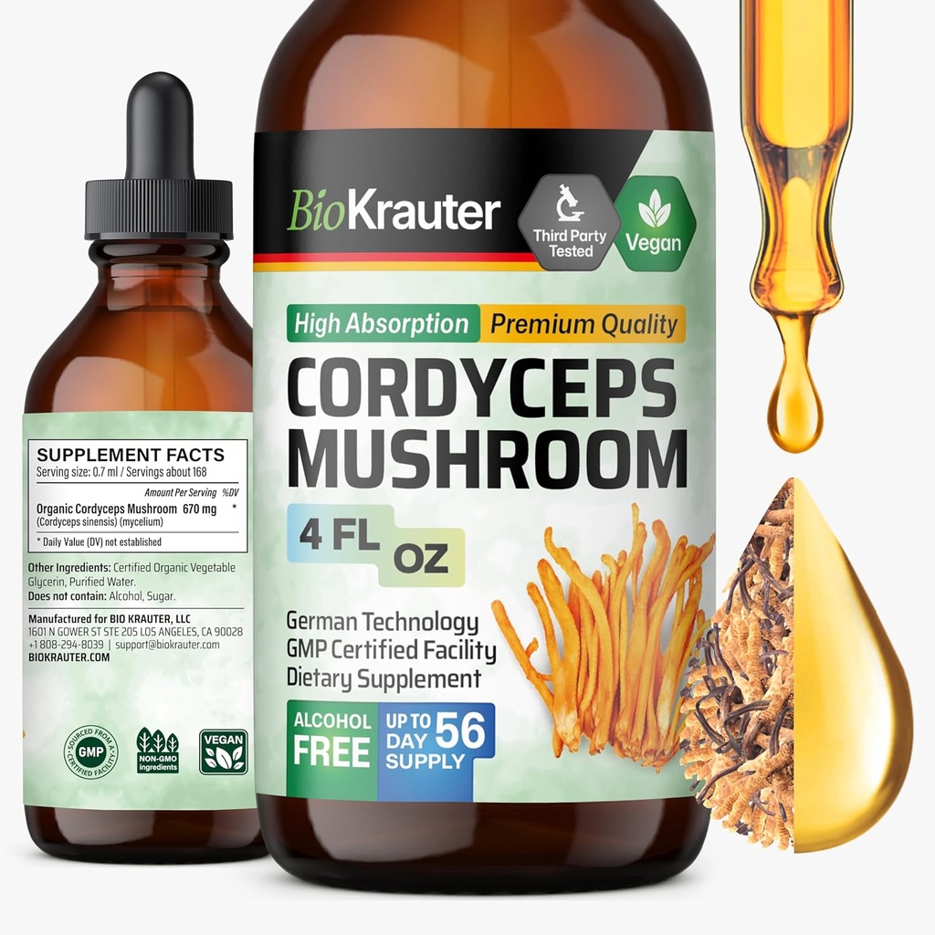 BIO KRAUTER Cordyceps Mushroom Extract - Cordyceps Sinensis Liquid Mushroom Extract - 670 mg per Serving - Vegan, Alcohol & Sugar Free - 4 FL.Oz.