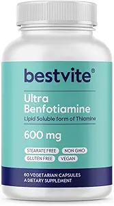 BESTVITE Ultra Benfotiamine 600mg ανά καψάκιο (60 κάψουλες χορτοφάγων) Όχι Stearates - No Silicon Dioxide - Vegan - Non GMO - Χωρίς γλουτένη - Μέγιστη δύναμη Benfotiamin