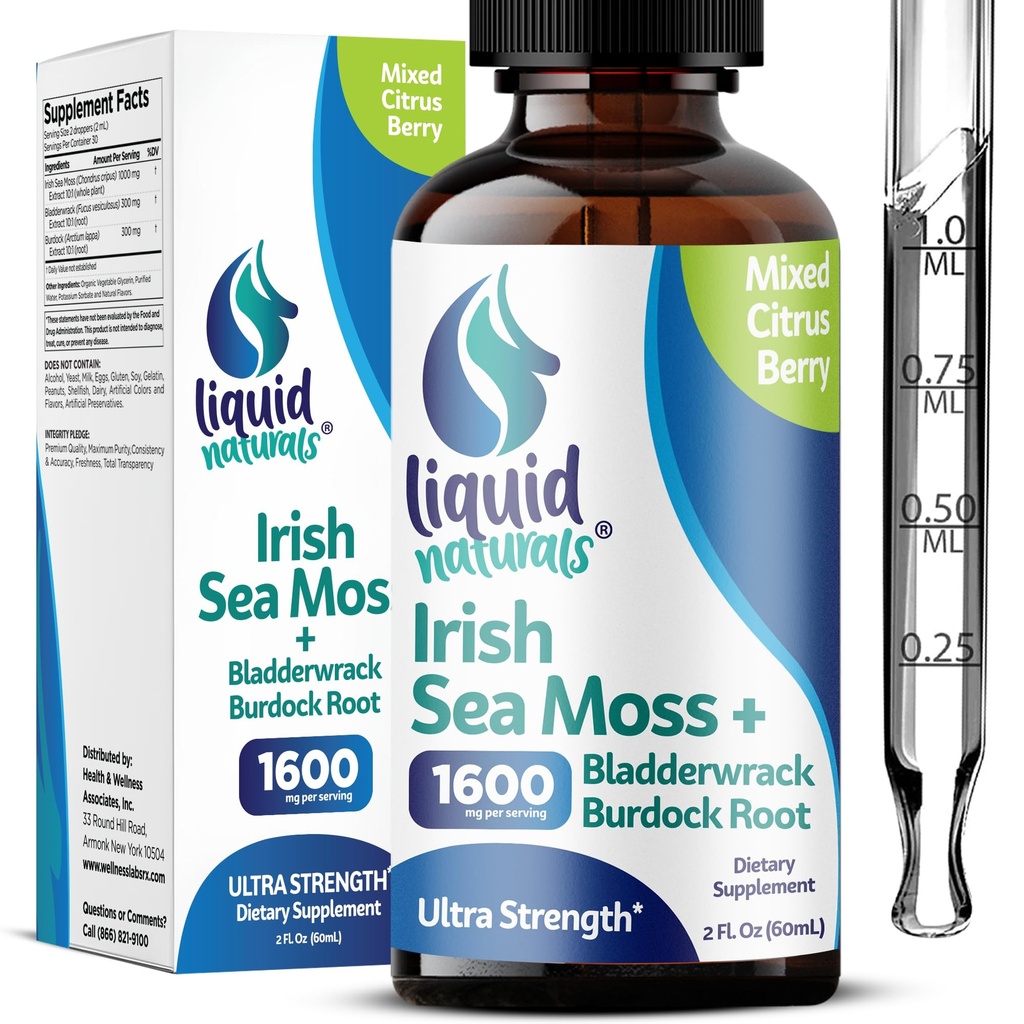 Ιρλανδέζικης Θάλασσας Moss Drops - Citrus Berry Flavor - 92+ Essential Minerals & Vitamins - Ενέργεια, δέρμα, κόκκαλο, ανάκτηση - Bladderwrack και Burdock Root - 2 fl. oz