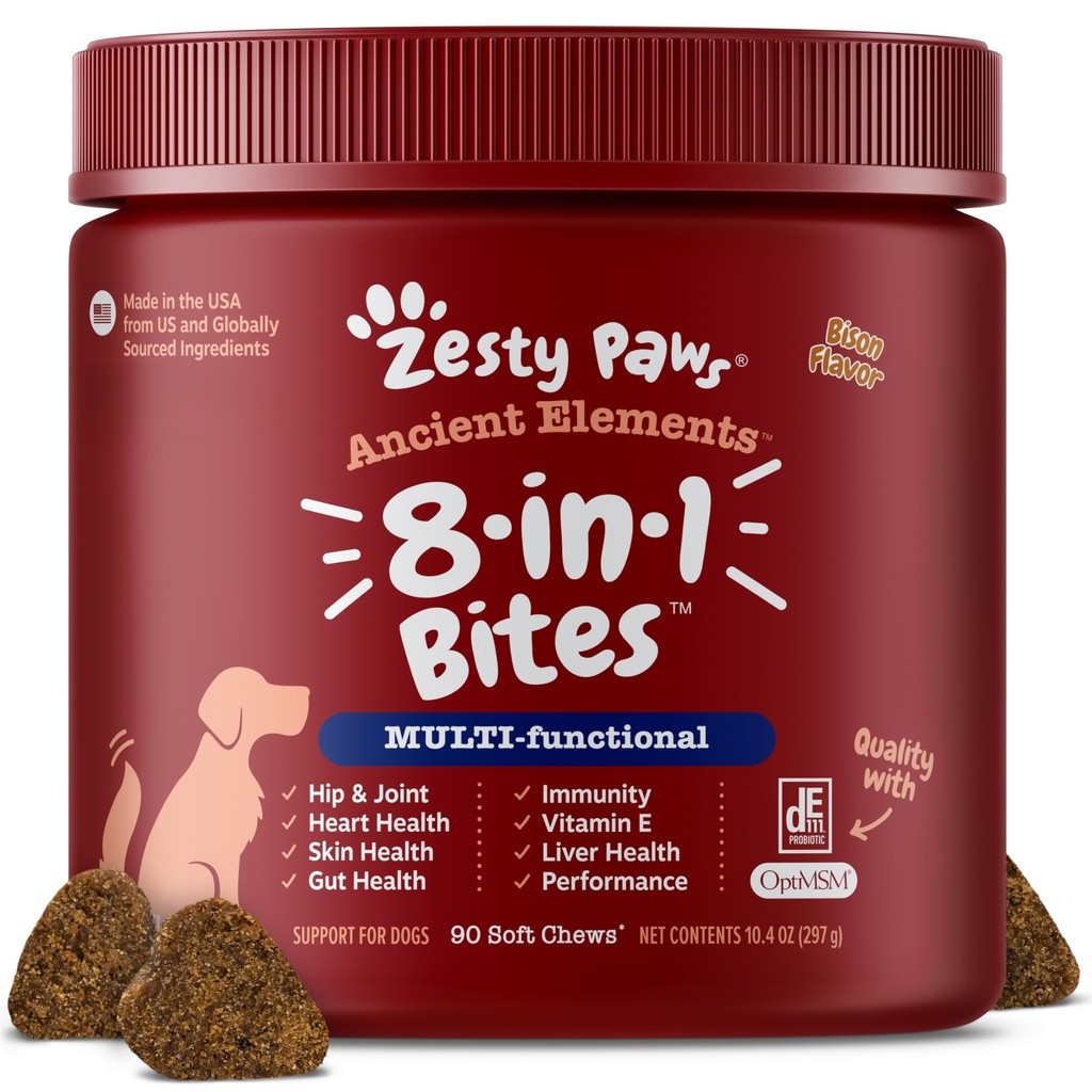 Zesty Paws Dog Multivitamin, μασώμενες βιταμίνες σκύλου και συμπληρώματα για χιπ & αρθρώσεις, δέρμα & παλτό, Ωμέγα 3 ιχθυέλαιο για σκύλους - Senior & Puppy Multivitamin - Bison- 90ct