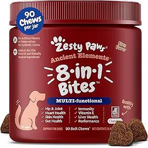 Zesty Paws Dog Multivitamin, μασώμενες βιταμίνες σκύλου και συμπληρώματα για χιπ & αρθρώσεις, δέρμα & παλτό, Ωμέγα 3 ιχθυέλαιο για σκύλους - Senior & Puppy Multivitamin - Bison- 90ct