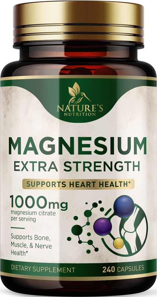 Συμπλήρωμα Ορυκτού Μαγνησίου 1000 mg - Υψηλής ισχύος Κιτρικό Μαγνήσιο για Οστά, Υγεία της Καρδιάς, Νεύρα & Μυική Υποστήριξη, Σύμπλεγμα Μαγνησίου της Φύσης για Όλο το Σώμα Υποστήριξη, Εμφιαλωμένο στις ΗΠΑ - 240 Κάψουλες