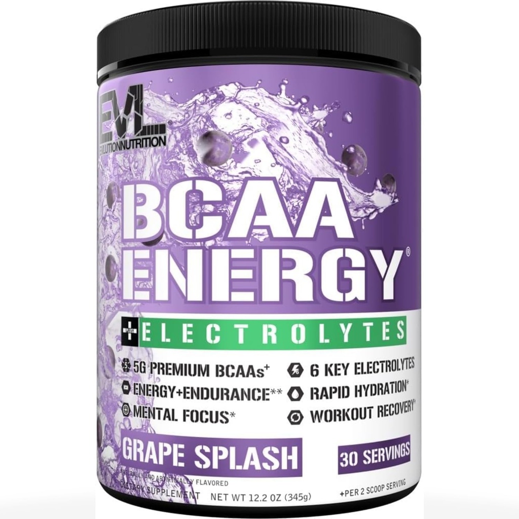 EVL BCAAs Αμινοξέα σε σκόνη - BCAA Ενέργεια προ προπόνησης σε σκόνη για την αποκατάσταση των μυών Lean ανάπτυξη και αντοχή - Επανυδρώνοντας μετά την αποκατάσταση προπόνησης ποτό με 6 Ηλεκτρόλυτα - Grape Splash