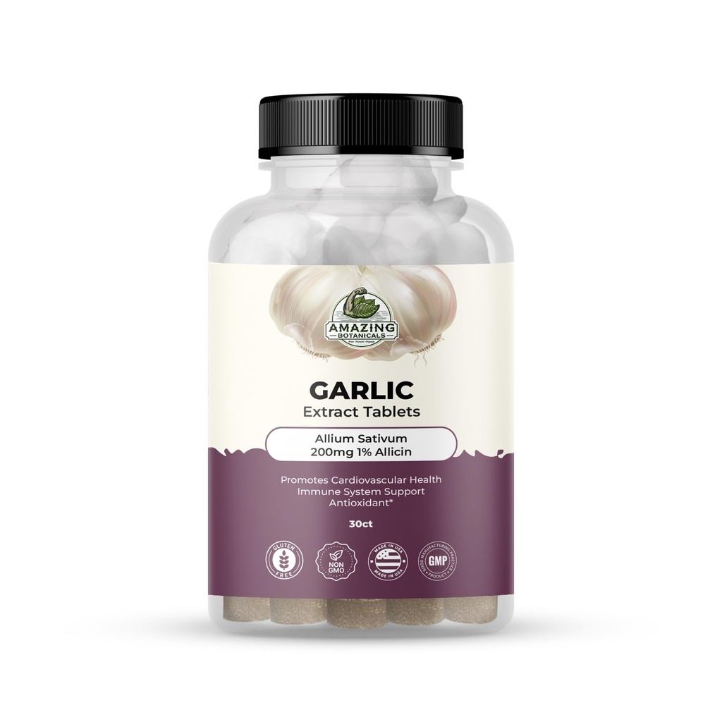 Amazing Botanicals Δισκία εκχύλισμα σκόρδου - Allium Sativum 200mg, 1% Allicin - High Potency Herbal Supplement for Wellness and Vitality - 30 Count
