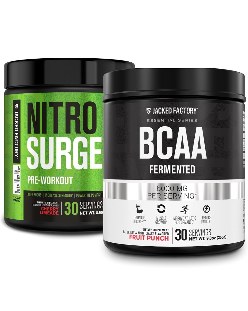 Jacked Εργοστάσιο Nitrosurge προ-εξάσκηση στο Cherry Limeade & BCAA σε Punch Φρούτων για την οικοδόμηση μυών και την αποκατάσταση