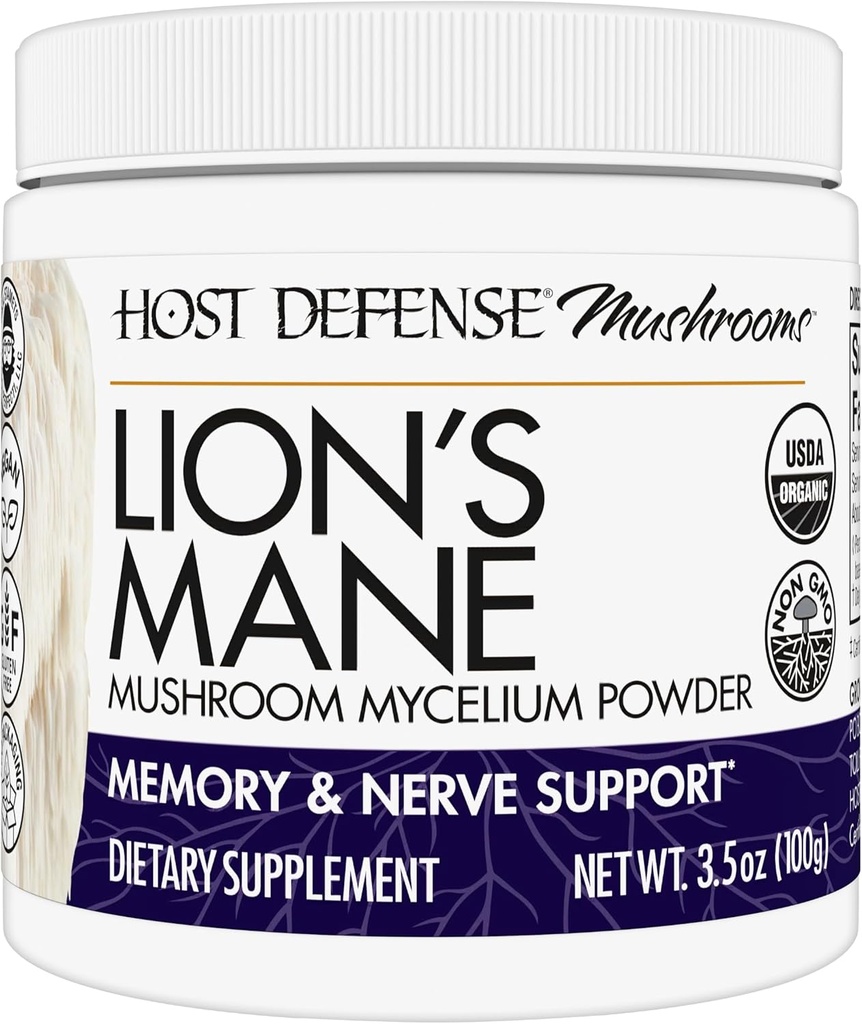 Host Defense Lion's Mane Powder - Συμπλήρωμα υποστήριξης για την υγεία του εγκεφάλου - συμπλήρωμα μανιταριών για την υποστήριξη της λειτουργίας εστίασης και μνήμης - συμπλήρωμα υποστήριξης ανοσοποιητικού και νευρικού συστήματος - 3,5 oz (66 υπηρεσίες)*