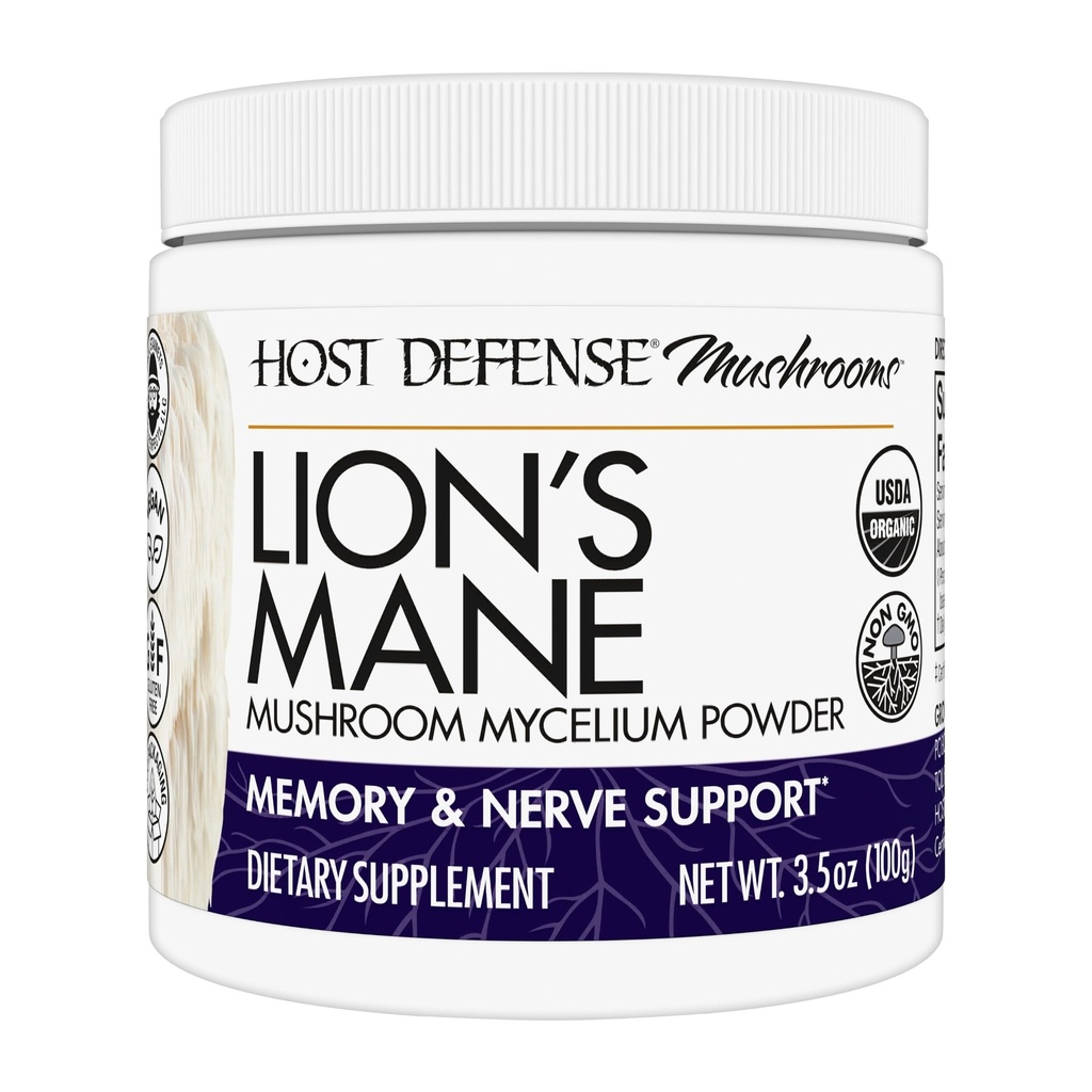 Host Defense Lion's Mane Powder - Συμπλήρωμα υποστήριξης για την υγεία του εγκεφάλου - συμπλήρωμα μανιταριών για την υποστήριξη της λειτουργίας εστίασης και μνήμης - συμπλήρωμα υποστήριξης ανοσοποιητικού και νευρικού συστήματος - 3,5 oz (66 υπηρεσίες)*