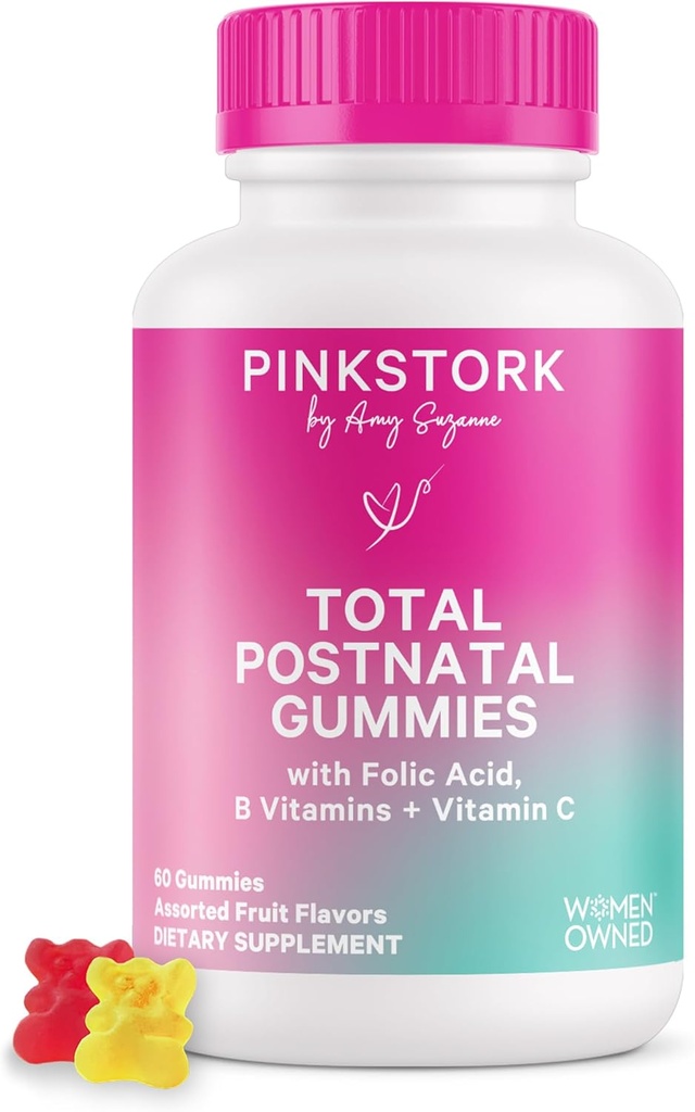 Pink Stork Total Μεταγεννητική Βιταμίνη Gummies - Πολυβιταμίνη για την ανάνηψη και θηλασμό Υποστήριξη - Φολικό οξύ, B6, & Βιταμίνη C - Επιλόχεια Απαραίτητα - 60 Gummy Βιταμίνες
