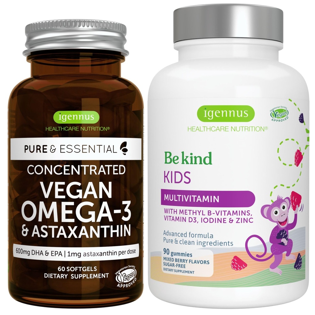 Vegan Omega-3 Algae Oil + Advanced Kids Multivitamin Gummy Bundle, Υψηλής συγκέντρωσης DHA & EPA + Βιταμίνη A, B, C, D3 & E, Καθαρά συστατικά 60 Softgels + 90 Berry Flavor Gummies, από Igenus