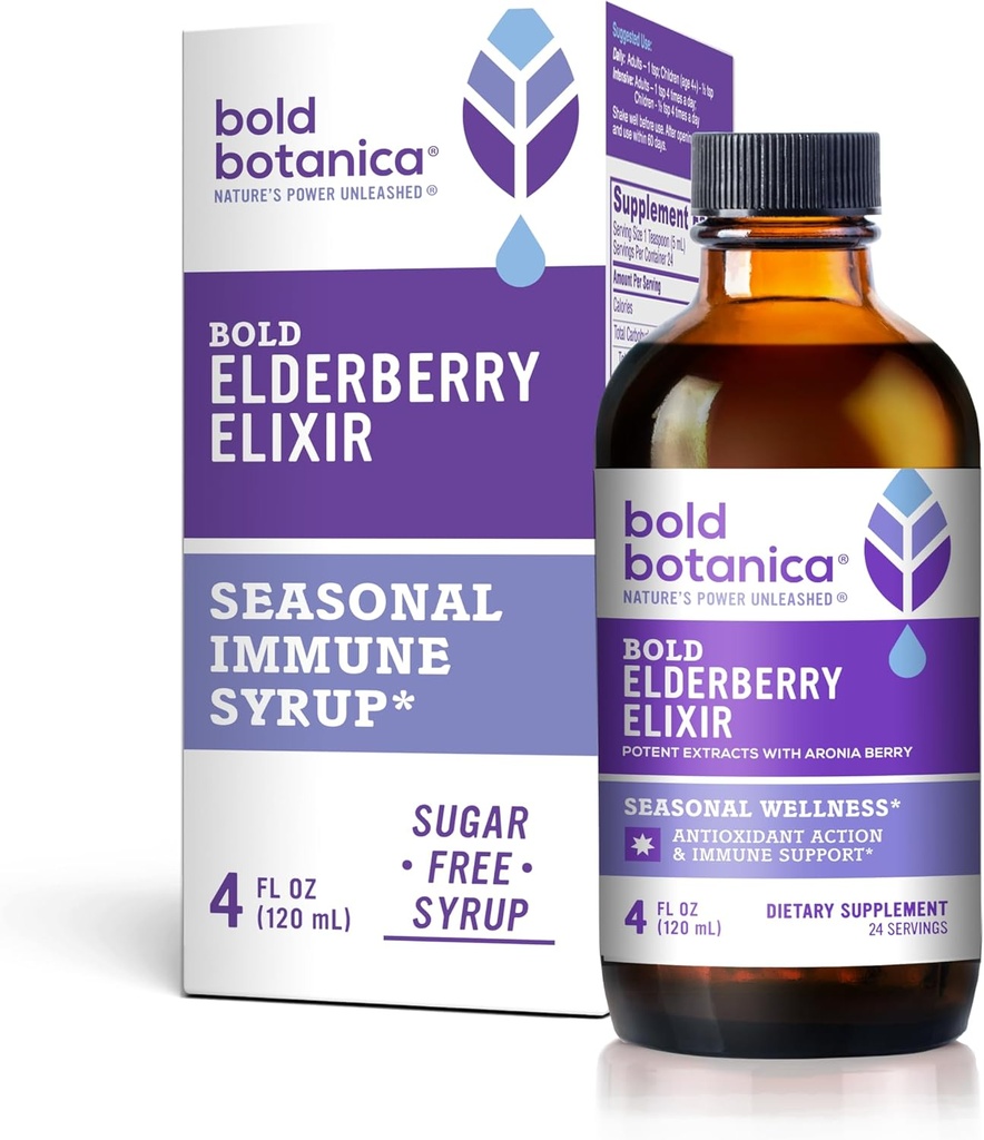 Τολμηρό Botanica Elderberry Elixir – 65x Συμπυκνωμένο εκχύλισμα - Ζάχαρη-Δωρεάν - Φιλικό προς το παιδί - Μαύρο Σιρόπι Elderberry με Aronia Berry για Ανοσολογική Υποστήριξη - 4 Fl. Oz.