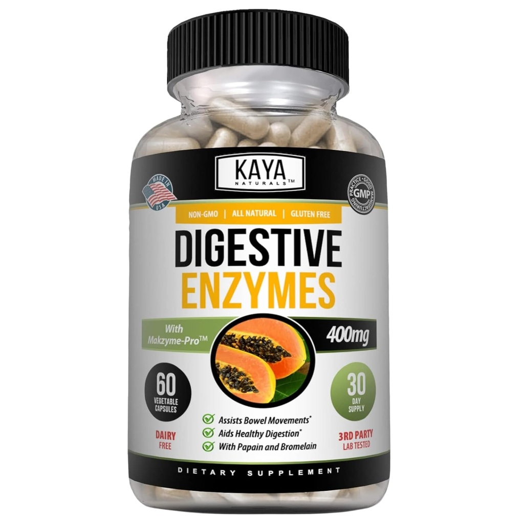Kaya Naturals Digestive Enzymes with Prebiotics & Probiotics - Δυσκοιλιότητα & Αναπλήρωση Ανακούφιση - Χάπια Διαχείρισης Βάρους για γυναίκες & άνδρες - Βοηθήματα Ανοσοποιητική Λειτουργία - Υποστήριξη Πέψης - 60 Κάψουλες Veggie