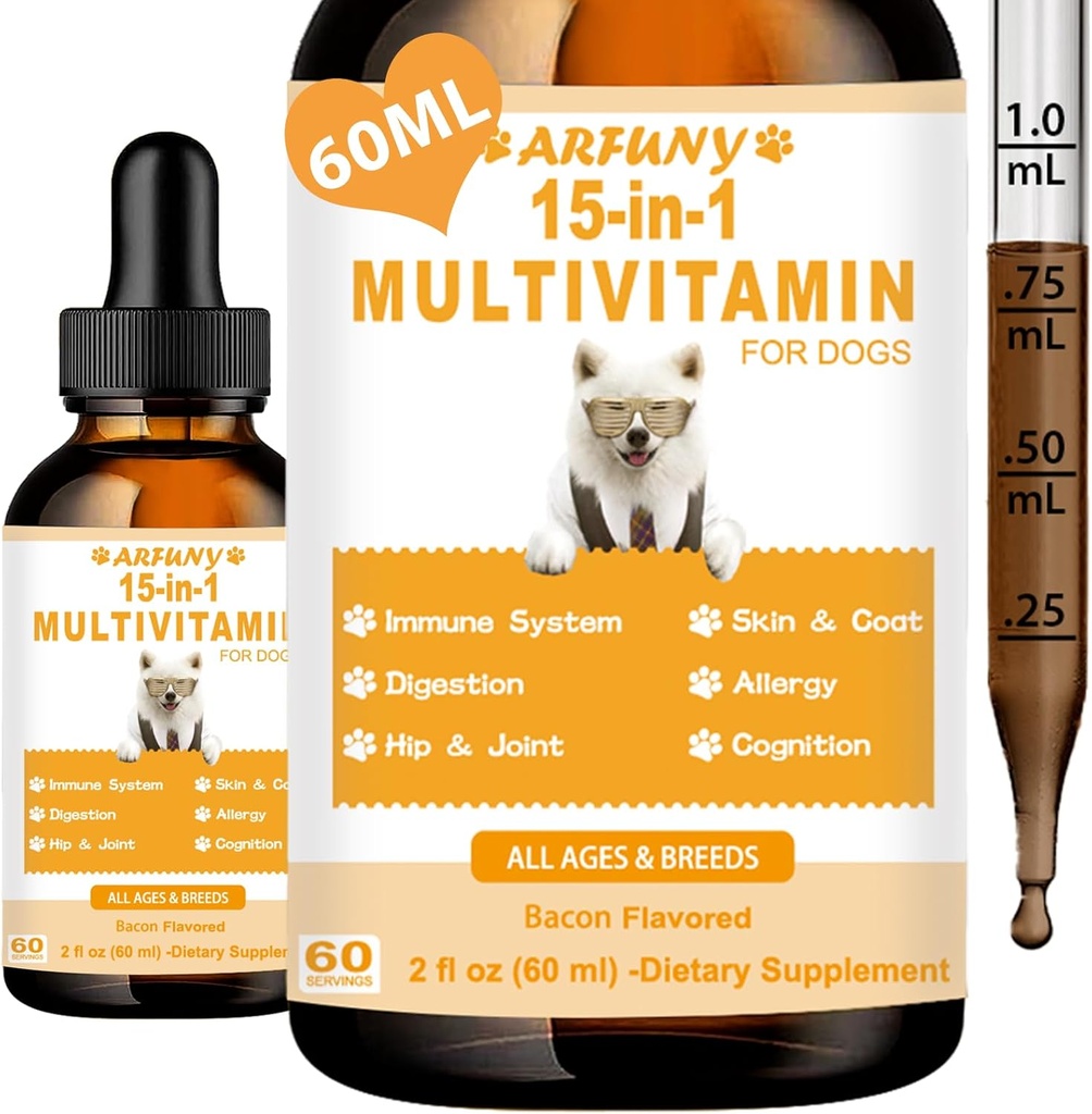 15 σε 1 Πολυβιταμίνη για σκύλους - Σκύλος Multivitamin Liquid Support Joint, Gut & Immune Health - Canine Digestion, Heart, Skin & Coat Health - Βιταμίνη συμπληρώματα για κουτάβι - Bacon Flavor