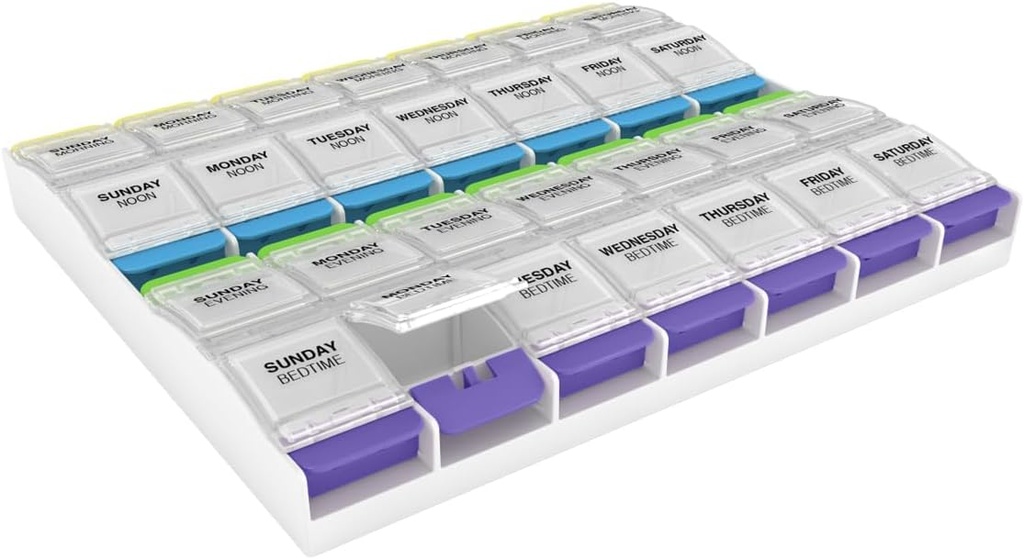 Ezy Dose Weekly (7-Day) Pill Case, Medicine Planner, Vitamin Organizer Box, 3X-Large Push Button Compartments, 4 Times a Day, Clear Lids, BPA Free