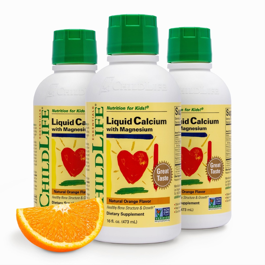 ChildLife Essentials Liquid Calcium Supplement for Kids, 16 fl Oz (3 Pack) | Baby & Toddler Calcium, Magnesium, Zinc, Vitamin D 3, Orange Flavor, Supplement, Liquid, Toddler Kids, Zinc Magnesium