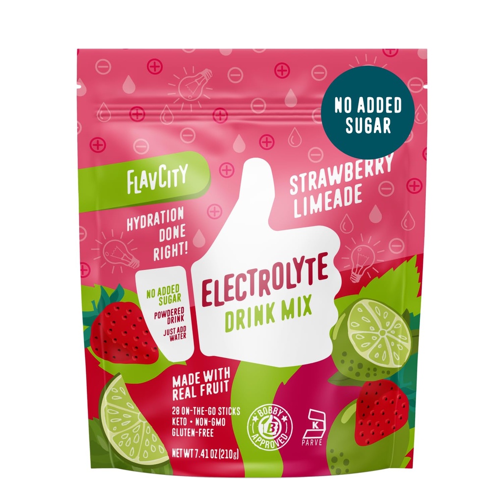 FlavCity Limeade Φράουλα Ηλεκτρολύτες Powder Packets - 28 Hydration Packets - Όχι Προστιθέμενη Ζάχαρη - Ενυδατική Σκόνη με Αληθινό Φρούτο & Ακατέργαστο Αλάτι Θάλασσας - Keto & Gluten-Free (28 Stick Packs)