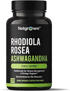 Natgrown Rhodiola Rosea με το εκχύλισμα ρίζας Ashwagandha Κάψουλες - Τυποποιημένο σε 3% Rosavins και 1% Salidroside - 120 κόμης