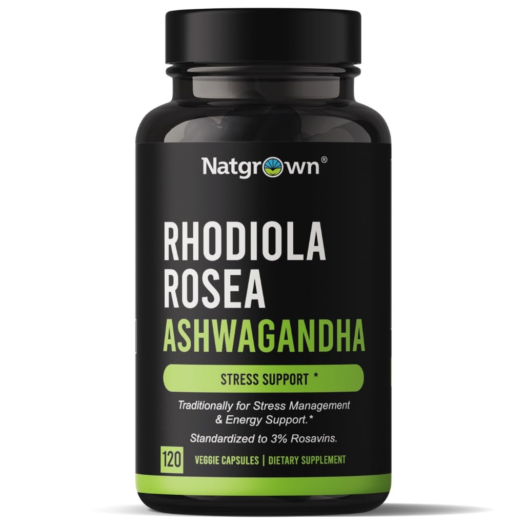 Natgrown Rhodiola Rosea με το εκχύλισμα ρίζας Ashwagandha Κάψουλες - Τυποποιημένο σε 3% Rosavins και 1% Salidroside - 120 κόμης