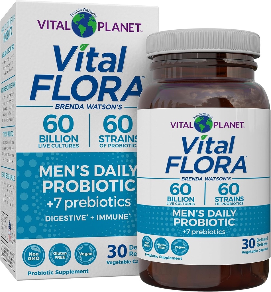 Vital Planet - Vital Flora Men’s Daily Probiotic, 60 Billion CFU, 60 Diverse Strains, 7 Organic Prebiotics, Immune Support, Gas Relief, Colon and Digestive Health Probiotics for Men 30 Κάψουλες