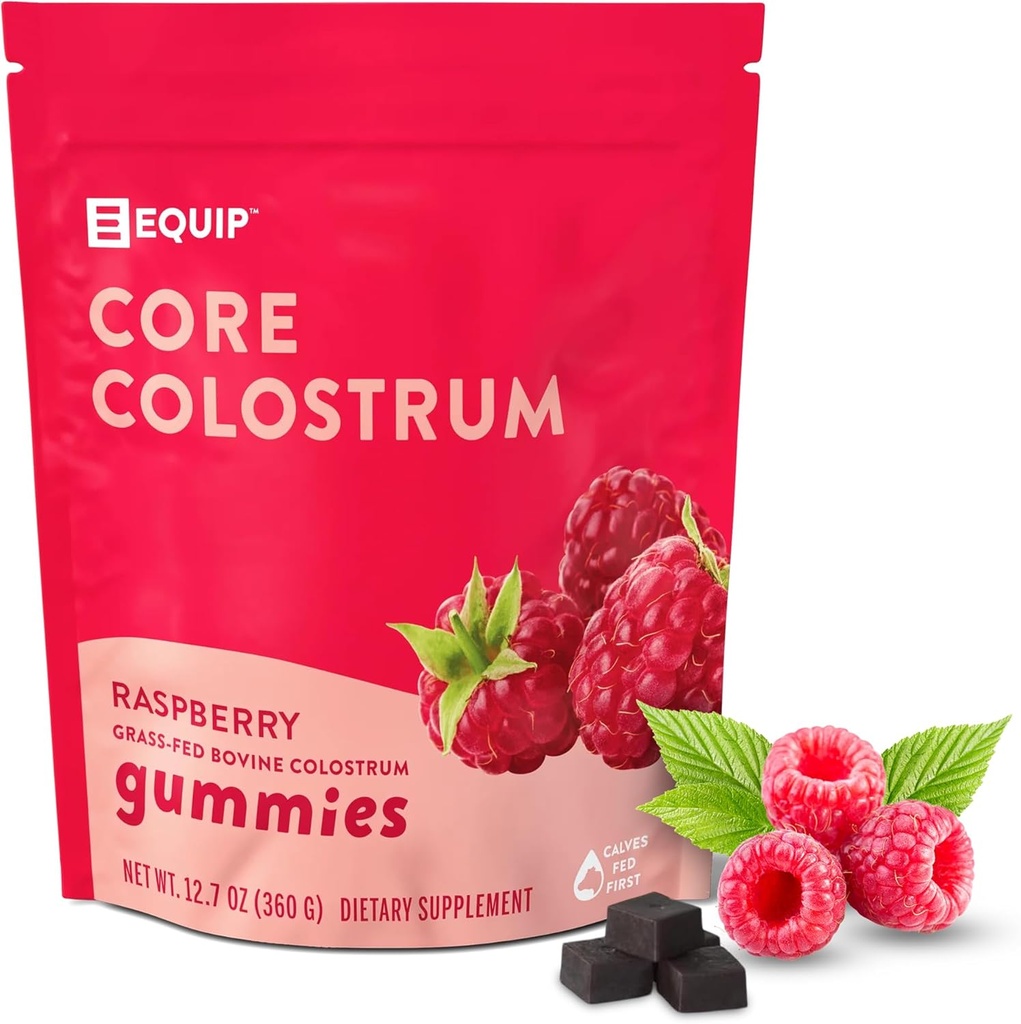 Equip Foods Core Bovine Colostrum Gummies - Delicious 1g Per Seving Grass Fed Colostrum Supplement - Gut Health, Immunity, Recovery, Hair & Skin - 60 Bovine Colostrum Gummies, 30 Servings, Raspberry