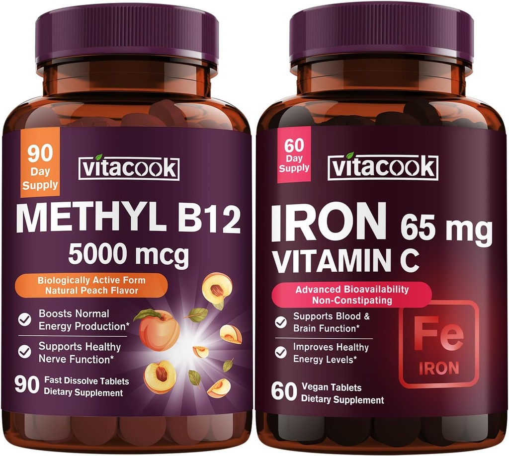Σίδηρος και βιταμίνη B12 Bundle, 5000 mcg B12, Zero Sugar, Carbonyl Iron with Vitamin C, Gentle on The Stomach