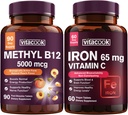 Σίδηρος και βιταμίνη B12 Bundle, 5000 mcg B12, Zero Sugar, Carbonyl Iron with Vitamin C, Gentle on The Stomach