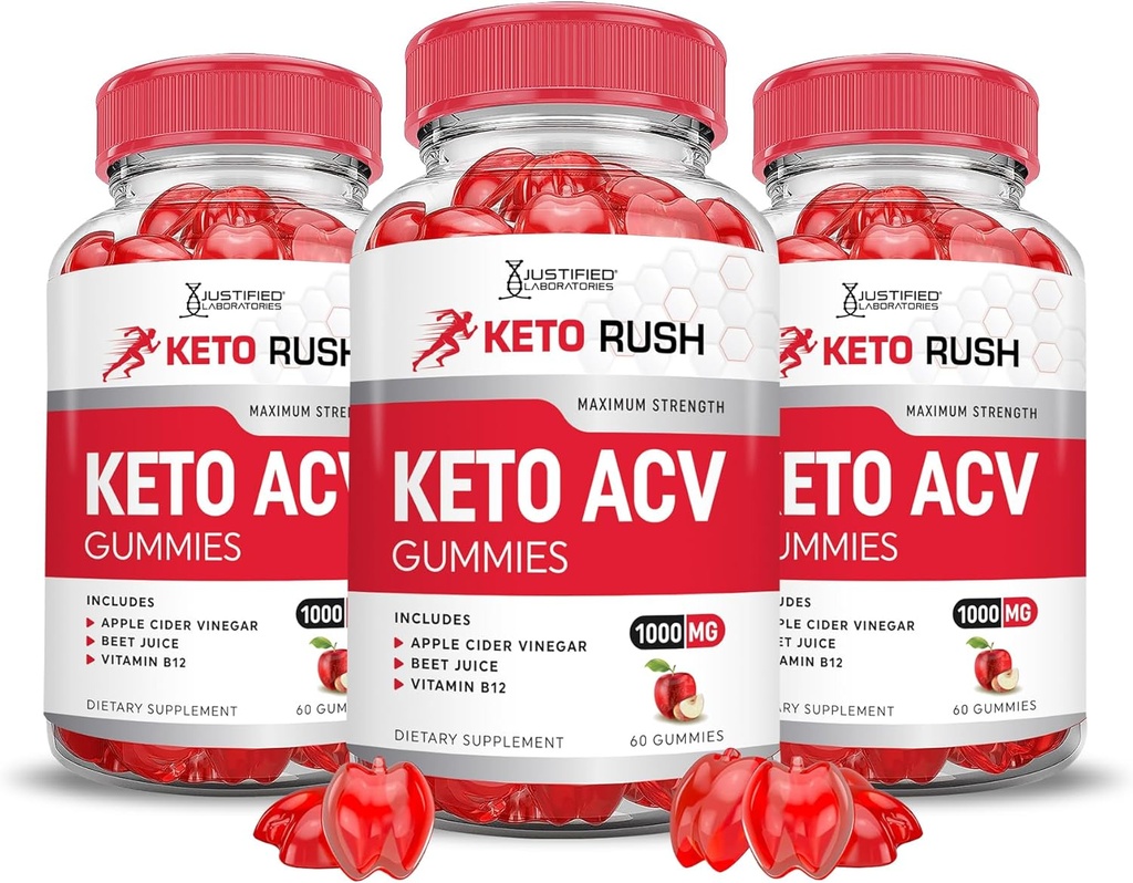 Justified Laboratories (3 Pack Keto Rush Keto ACV Apple Cider Vinegar Boost Formed with Pomegranate Beet Juice Powder B12 Vegan Non GMO 180 Gummies