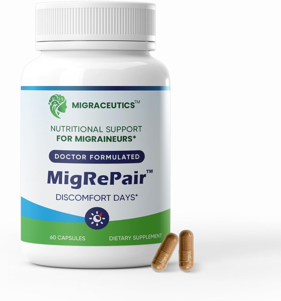 MigRePair Μπουκάλι 60 - Doctor Formulated Ημικρανία Συμπληρώματα ανακούφισης - Φυσική βοτανική υποστήριξη με Feverfew, Butterbur & Grape Seed - Ημικρανία συμπλήρωμα για γυναίκες & άνδρες - Ημικρανία Κεφαλαλγία Υποστήριξη